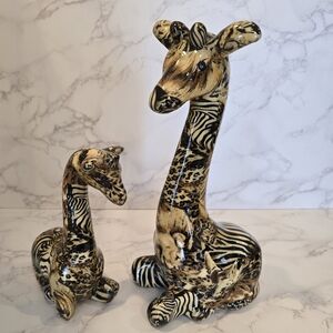 Vintage La Vie Safari Decoupage Giraffe Mother and Baby Set of Ceramic Figurines